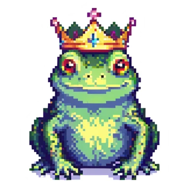 pixel art crowned frog, simple and cute sticker