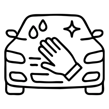 outlined icon of a premium car hood with an elegant hand wearing a white glove, water drops and shine, black and silver, smooth motion lines, modern and clean sticker