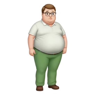 Peter Griffin from Family Guy with a pregnant belly, green pants, white shirt, glasses, and double chin sticker