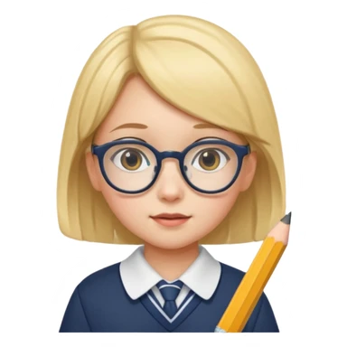 girl kid with glasses → holding a pencil with school uniform sticker