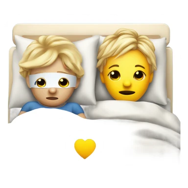 Two blonde children, sick, each in their own bed, wearing masks, one Boy, one girl,, at home, get well soon sign with yellow heart sticker