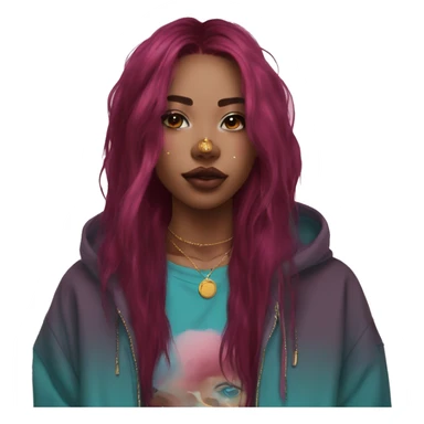 Deep pink maroon burgundy cyan dark hoodie person dyed hair and gold piercings nose piercing ear piercings sticker