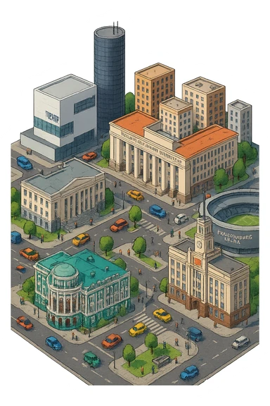 Изометричная миниатюрная фотореалистичная 3D модель Екатеринбурга - Дом Севастьянова, Ельцин-центр, Уральский федеральный университет, дома, Екатеринбург Арена, Штаб-квартира Русской медной компании, Здание Свердловского городского совета народных депутатов, четкие линии, яркие цвета, мультяшный реализм, люди, автотранспорт, компактная композиция, вид сверху в изометрии, прозрачный фон sticker