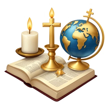 An icon featuring a holy book, a candle, and a cross, symbolizing religious studies. The design includes a globe with various religious symbols: a crescent moon and star (Islam), a lotus flower (Buddhism), representing global belief systems. Transparent background. sticker