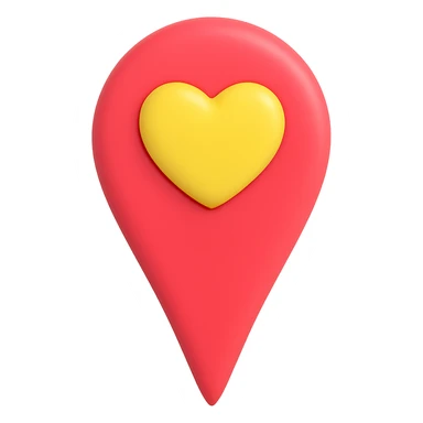 Create a single location marker viewed from the front with a heart shape replacing the usual circle at the top. The style should resemble a 3D emoji style with smooth, rounded shapes and vibrant colors. The background should be removed, isolating the subject clearly. sticker