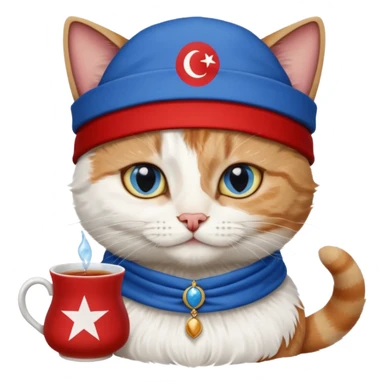 Arkasında Türk bayrağı olan  ve çay içen kafasına fes takan bir van kedisi sticker