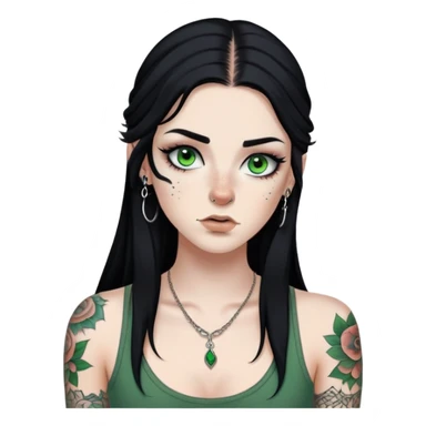 Pale White girl with long black hair and green eyes and freckles. Thin black eyebrows and long eyelashes with eyeliner. Right Eyebrow piercing, right nose piercing, and left lip piercing. Lots of tattoos. sticker