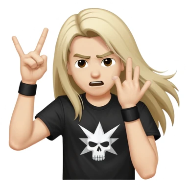 A person headbanging with long hair, wearing a black band t-shirt, making rock hand gesture sticker
