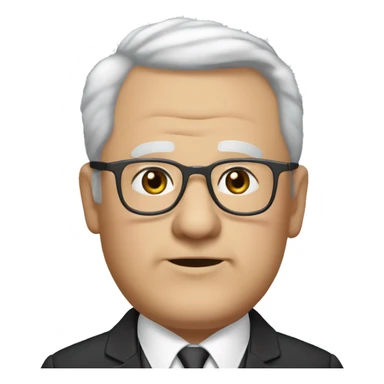 Chubby man of about 60 years of age with grey hair and a bald shin. Small round brown glasses and dark eyes, double chin and chubby face. Chubby pointed nose. Wearing a black suit with waistcoat, jacket and tie. sticker