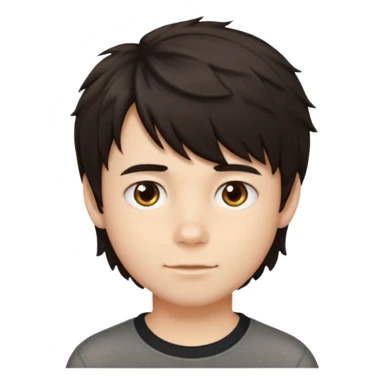 A boy no long hair À emoji that don’t smile Dark brown thick hair with natural volume, medium-length textured top, loose slightly wavy hair, soft messy fringe falling forward, short tapered sides (not shaved), natural unstyled look, realistic emoji style, neutral expression. sticker