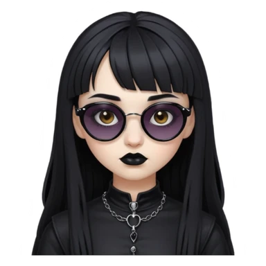 Faça uma moça de cabelo preto micro franja e penteado gótico pálida e com maquiagem gótica pesada olhos castanhos escuro e óculos de sol  sticker