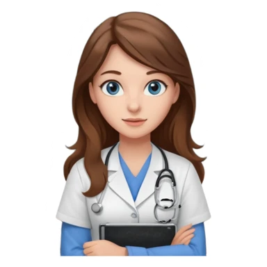 university classroom that says nursing school on the blackboard with a pretty female nursing student with long brown hair, blue eyes sticker