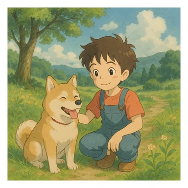 kid and his pet dog in studio ghibili style sticker