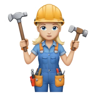 A blond girl blue eyes, habdyman Outfit, wearing a Helmet and a Hammer, Whole body  sticker