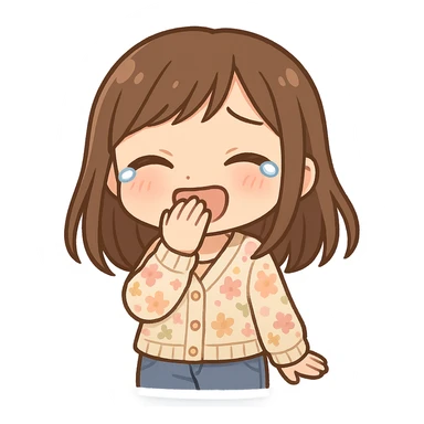 chibi sticker of a girl with brown straight hair and brown eyes, wearing a pastel floral cardigan and jeans, laughing to tears, covering her mouth, white outline, transparent background, 512x512px sticker