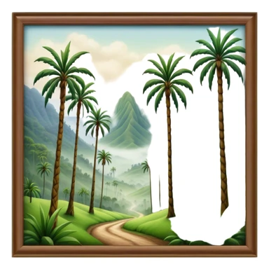 Cinematic Realistic Cocora Valley Landscape Emoji, depicted with towering wax palm trees in a lush, misty valley rendered with rich textures and dynamic, natural lighting. sticker