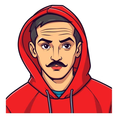 Man with thick eyebrows slit on the right with a long nose, then lips, small mustache earrings, red hoodie with graffiti sticker