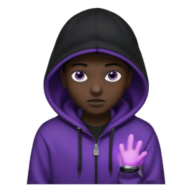 Cartoon blacked character related to a shadow, with all black clothes, focusing a hoodie with his cap on, no visible face because of the darkness, just his purple shadow eyes making a light bloom sticker