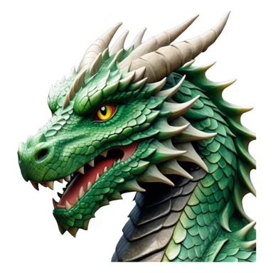 Cinematic Noble Giant Green scaled Dragon Portrait Emoji, Poised and awe-inspiring, with a massive, rugged form carved from ancient stone, featuring intricately textured scales that resemble weathered granite and basalt, and piercing, stony eyes echoing the strength of timeless mountains; rendered with lifelike detail and earthy natural highlights, high shine, formidable and grounded, styled with an aura of primordial majesty, focused and resolute, soft glowing outline, capturing the essence of an enduring rock titan ready to surge from the screen with ageless power! sticker