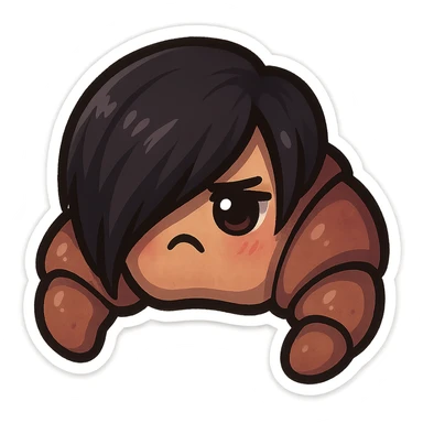 chibi sticker-style croissant with an emo vibe, dark colors, side-swept bangs, cute and exaggerated sticker