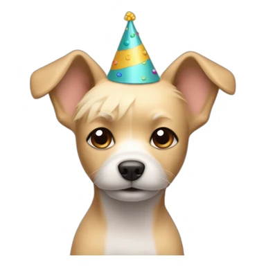 blond small dog with short hair and a party hat sticker