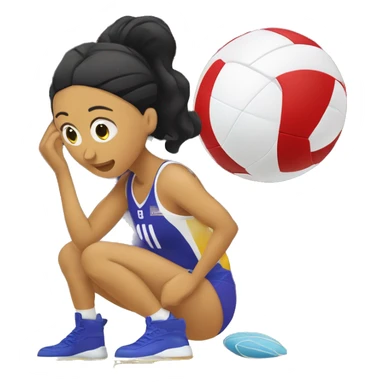 una perona sentada en el piso con una red de voleibol alfrente y un balon de voleibol arriba  sticker