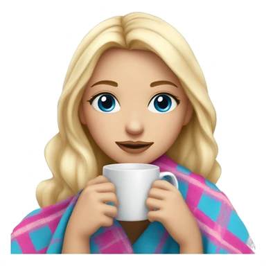 cute blonde girl with long hair wrapped in pink plaid blanket drinking coffee blue eyes sticker