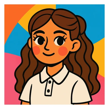 girl with a round face, long wavy brown hair in a half up half down style, brown eyes and long lashes, white button up polo, vibrant colorful style sticker