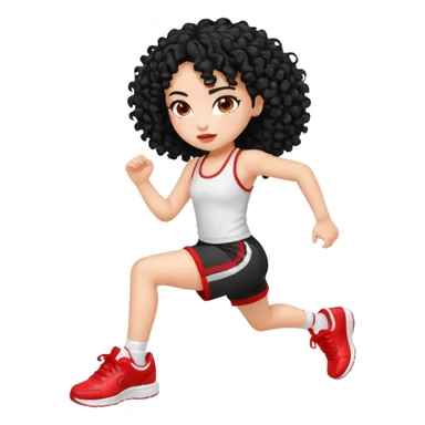 generate a pretty bratz fair skinned girl with curly black hair wearing a white gym set and excersing with red shoes on sticker