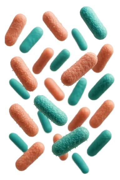 batteri intestinali rosa salmone e turchesi fluttuano in aria, iperrealistici 4k sticker