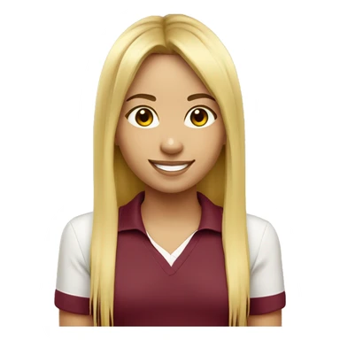 a mid length hair with curtain bangs beautiful girl smiling. wearing a light yellow polo with maroon identification lanyard  sticker