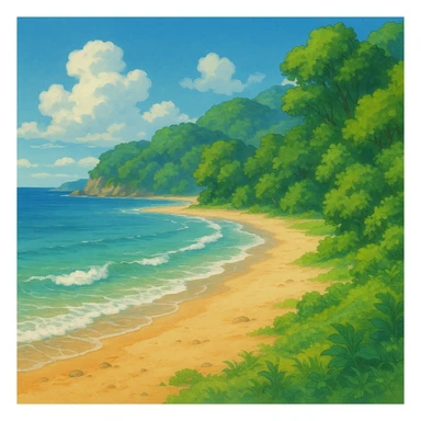 ghibli style coast with sandy beach, gentle waves, and lush greenery sticker