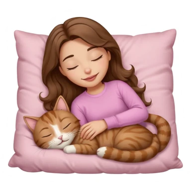 girl with wavy long brown hair, brown eyes, light to medium complexion, long lashes, light pink lipstick, smiling, wearing light pink shirt, sleeping on a cozy pillow, with brown tabby cat, sleeping sticker