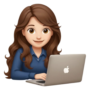 Sitting in front of a laptop in the style of a cute female developer. No glasses, long hair waves and smiling. sticker