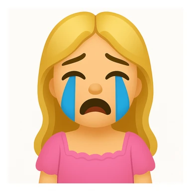 Create an iOS emoji style image of a blonde with long hair, green swamp eyes, and a pink pastel dress with a crying expression. Keep all facial features, clothes, and hairstyle from the reference image. sticker