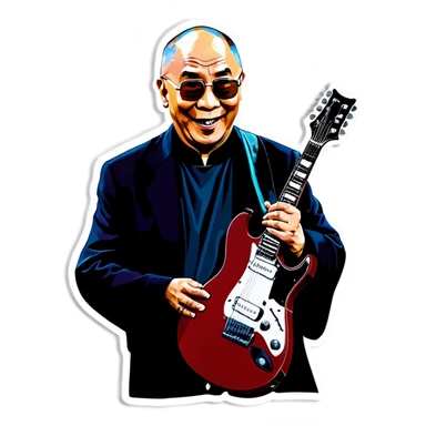 Dalai lama rocks an electric guitar with Jon Bon Jovi sticker