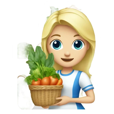 Blonde girl with blue eyes wearing a dress carrying baskets of vegetables and greens sticker