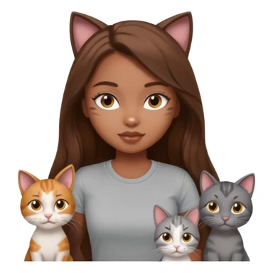 a pretty bratz dusky girl with long brown hair with six cats nd wearing a grey tshirt sticker