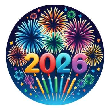 "Happy 2026" in backdrop of colourful fireworks in outline artwork sticker