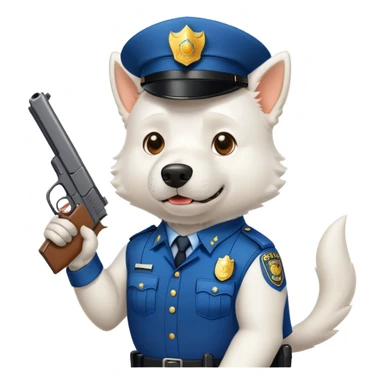 A big pumped-up white dog in a police uniform with a gun sticker