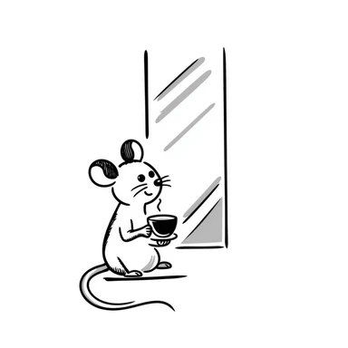 Hand-drawn mouse sitting by the window with a teacup sticker