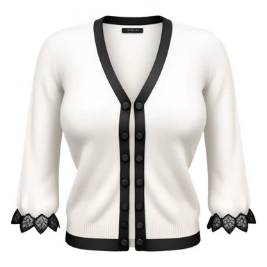 white cashmere cardigan with 8 tiny black lace bows all over front and sleeves, realistic 3d isolated, soft texture sticker