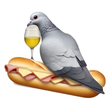 Pigeon with a PSG football club lying on a ham and butter baguette sandwich, drinking white wine sticker
