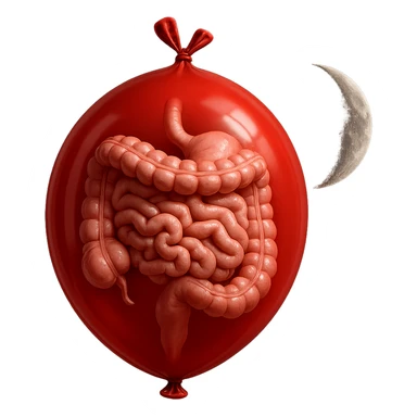 intestino umano anatomico chiuso in un palloncino rosso che simboleggia gonfiore, accanto una mezza luna che simboleggia "gonfiori di sera", iperrealistico 4k sticker