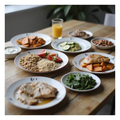 hyperrealistic 4K table with separate plates for 2000 calorie diet: breakfast with Greek yogurt, granola, strawberries; lunch with chicken, barley, zucchini; dinner with tuna, sweet potatoes, spinach; snacks with banana, almonds, protein bar. Plates labeled with calories, modern kitchen atmosphere sticker