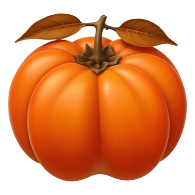 Flat emoji-style persimmon, smooth spherical shape, glossy surface, bright warm orange color, distinct dried brown leafy calyx on top, no side grooves, no ridges, not pumpkin-like, minimal detail, clean vector, iOS emoji style lighting. sticker