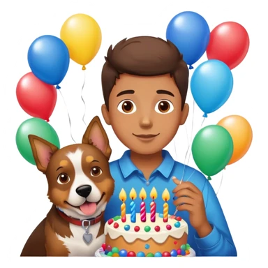 boy and his dog at party with balloons and cake sticker