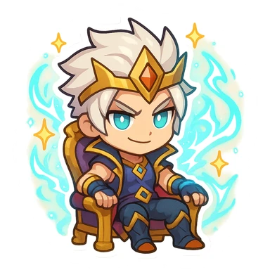 Viego in Soul Fighter skin, chibi emoji style, sitting on a king's chair, with stylized Soul Fighter effects, sparkles and glowing energy, cute and powerful look sticker
