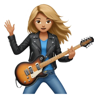 Young woman – standing on stage, leather jacket, playing electric guitar, energetic pose sticker