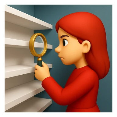 emoji of white empty shelf in perspective view with a standing woman nearby, she is looking at the shelfs with a magnifying glass, she is turned to the shelfs, emoji style, woman wearing a red dress, adjust the perspective to be more dramatic, with a different background sticker